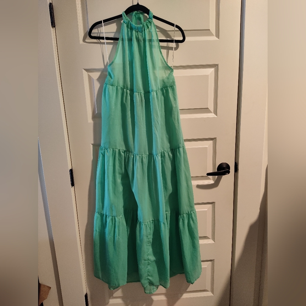 Vero Moda Green Sheer Tiered Halter Summer Dress Size Small Beach Cover Up